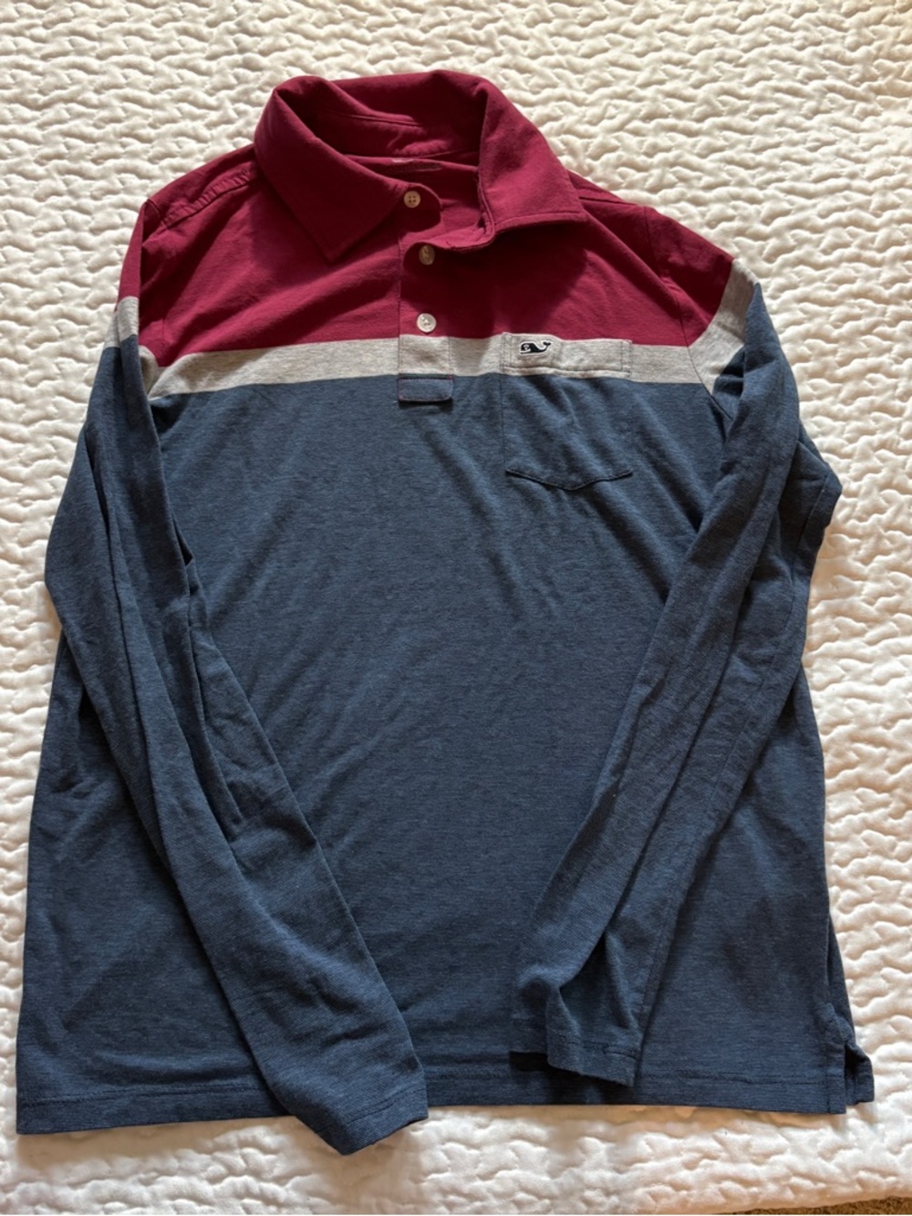 Vineyard Vines Kid’s Med Long-Sleeve Colorblock Polo - Maroon & Navy